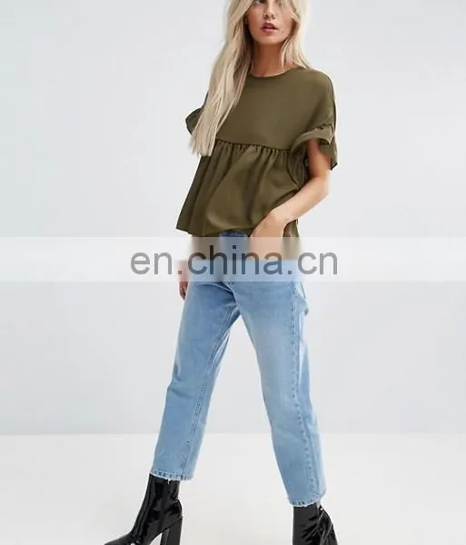 China Product Women Fashion Navy Blue Smock Top With Ruffle Sleeve photo-3