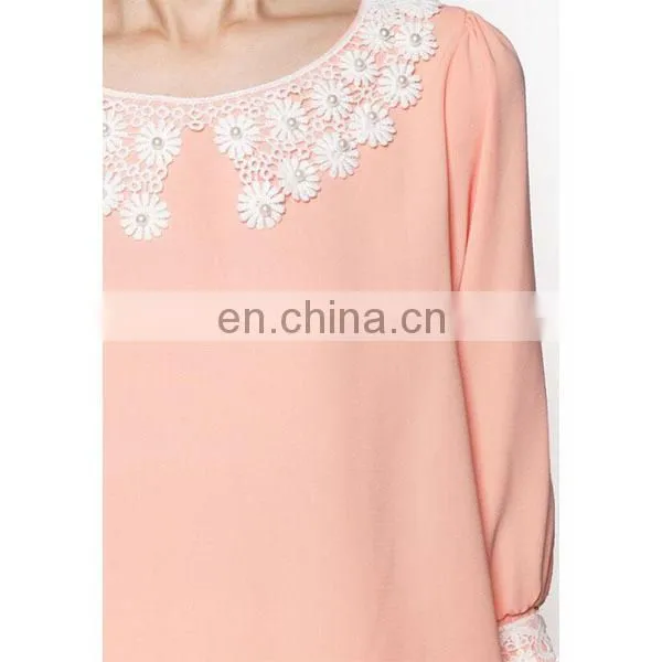 Custom Chiffon Blouse With Lace Flat Collar Half Sleeves Women Shirts and Tops photo-6