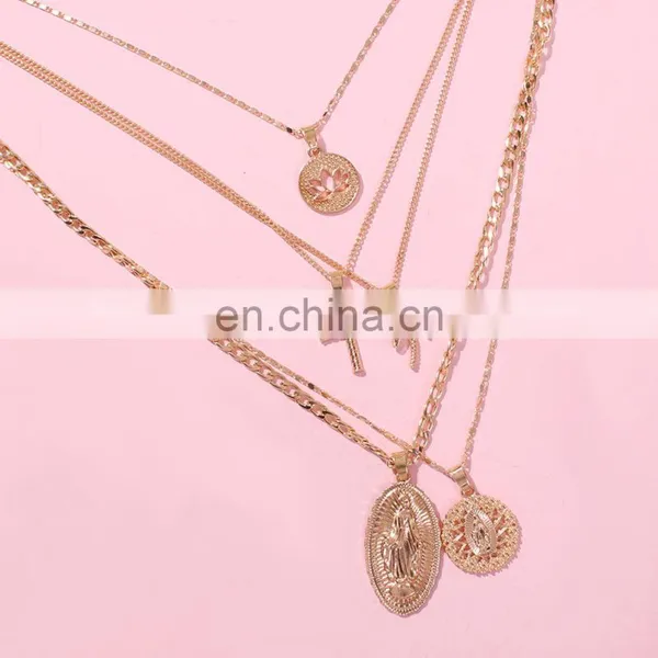 Fashion Metal Chain Pendant Necklace for Women Vintage Heart Cross Coin Lock Collar Multilayer Gold Necklace Choker Jewelry/ photo-4