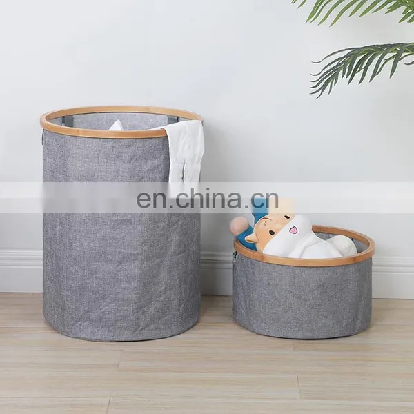 Portable Fabric Laundry Storage Basket Round Foldable Large Bamboo Dirty Clothes Organizer Baskets photo-2