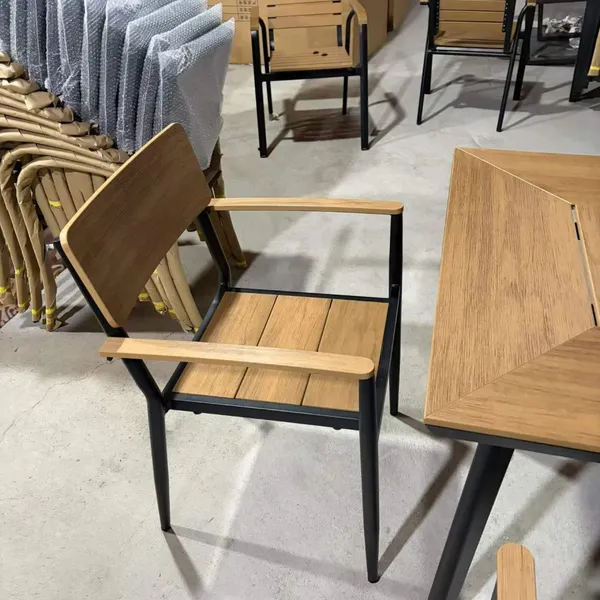 Wood-Plastic Composite Outdoor Dining Set With Central Hole Table, Stackable Metal Frame Armchairs & Large Octagonal Patio Umbrella for Cafe photo-5