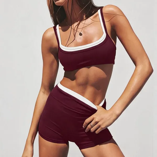 Eco-friendly Custom Contrast Color Blocking Activewear Biker Short Layered Sports Bra Striped Yoga Set