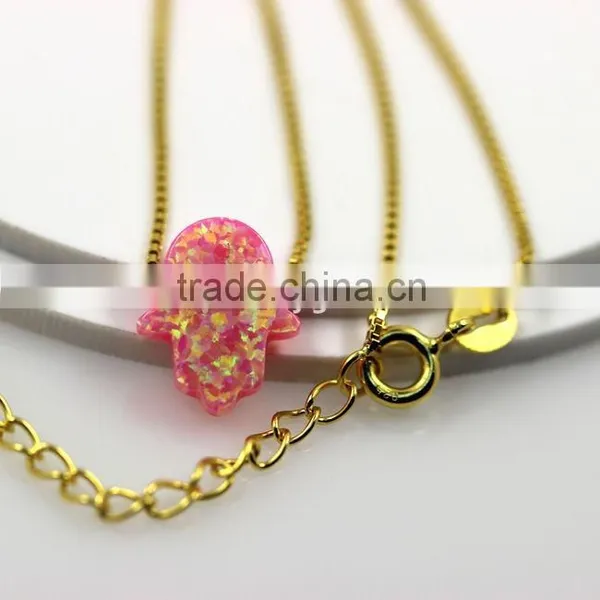 Stunningly Synthetic OP42 Hamsa/Hand Opal 18K Plated 925 Sterling Silver Chain Necklace photo-2