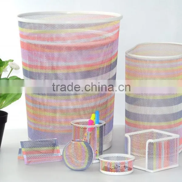 Office Stationery Metal Mesh Round Waste Bin Colorful Printed Pattern Trash Can photo-2