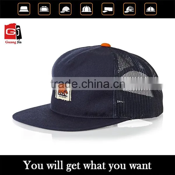 OEM/ODM Applique Label Patch Logo Flat Brim Navy Blue Mesh Plain 5 Panel Trucker Cap Wholesale