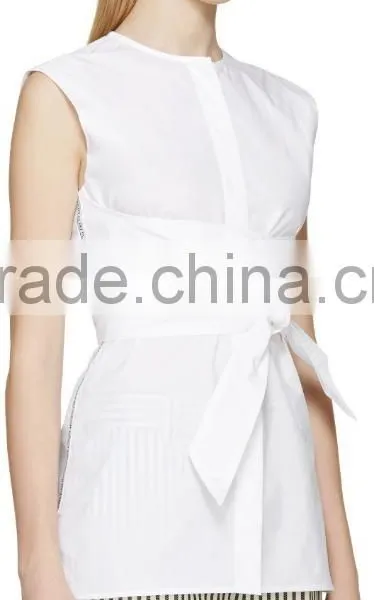 2016 Lady Fashionable Cheap White Belted Sleeveless Blouse photo-2