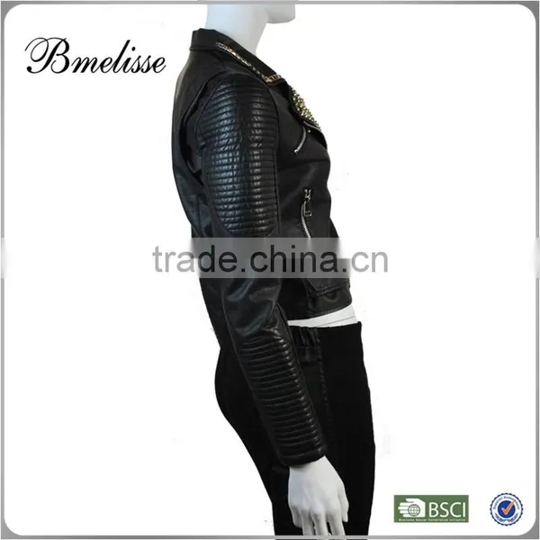 2014-2015 Wholesale Fashion Lady Leather Jacket Stylish Women's Black Leather Jacket With Beaded photo-2