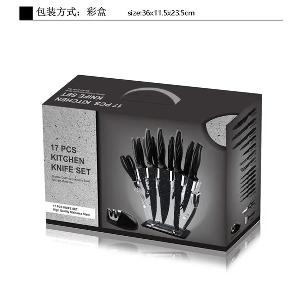 Yangjiang Factory 17 Pieces Kitchen Knives Set, 13 Stainless Steel Knives + Acrylic Stand, Scissors, Peeler and Knife Sharpener photo-3