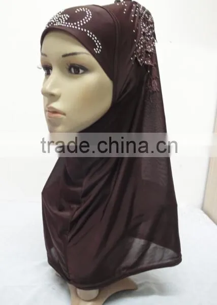 H309 Latest Instant Hijab With Lace Fringes and Rhinestones,muslim Scarf photo-2