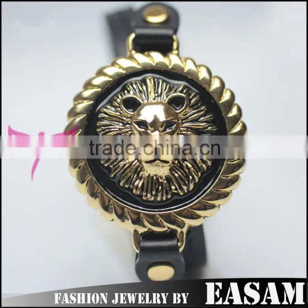 Gold/Black Lion Head Leather Button Bracelet photo-4