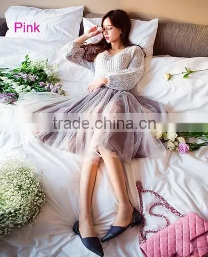 New Fashion Women Girls Mesh Knee Length Multilayer Pleated Casual Solid Sweet Skirt photo-6