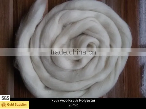 28mic Raw White Blended Wool Top Roving Fiber 75% Uruguay Wool/25% Polyester Spinning Felting Weaving
