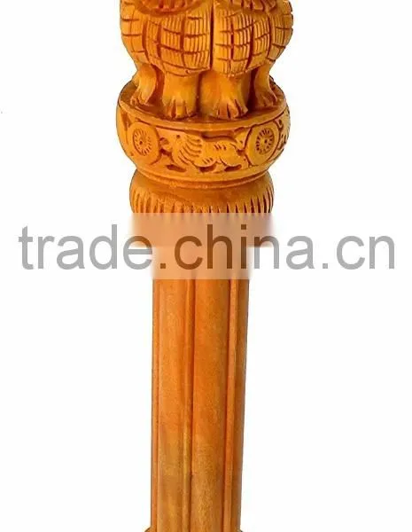 Handicrafts Wooden Ashok Ashoka Stambh Stoop Pillar National Emblem India Wood Carving Statue photo-2