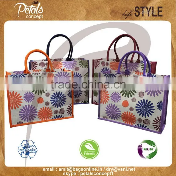 Customize Biodegradeable Flora Print Jute Tote Bag With Padded Rope Handle photo-1