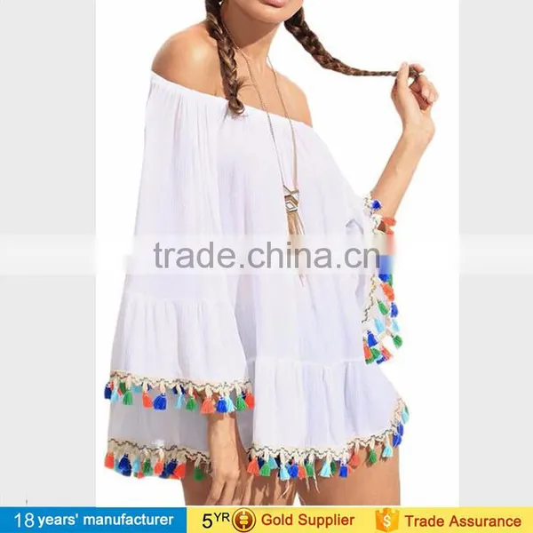 Boat Neck Long Sleeve Ruffle Loose Blouse White Plus Size off Shoulder Summer Beach Boho Blouse for Women 2017 photo-2