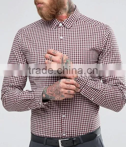 Latest Design Custom Long Sleeve Mens Pre-Shrunk 97% Cotton 3% Elastane Lightweight Check Print Skinny Fit Casual Shirts photo-3