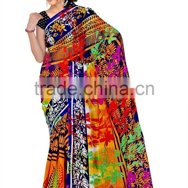 Flower Printed Black & Red Glamour Saree With Blouse photo-3