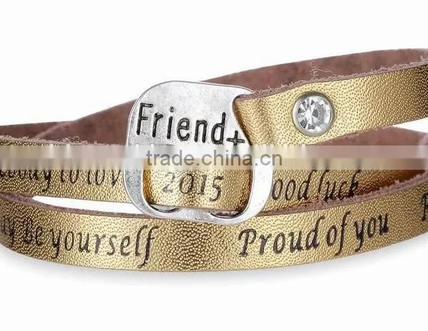Hot Sale 2015 Leather Wrap Bracelet Custom Logo Letter Words Hand-stamped Leather Bracelet CZ Stone Pave Leather Wrap Bracelet photo-2