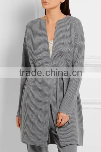 Light Grey Slips On Wool and Cashmere Blend Cardigan With Thin Waist Rope photo-2