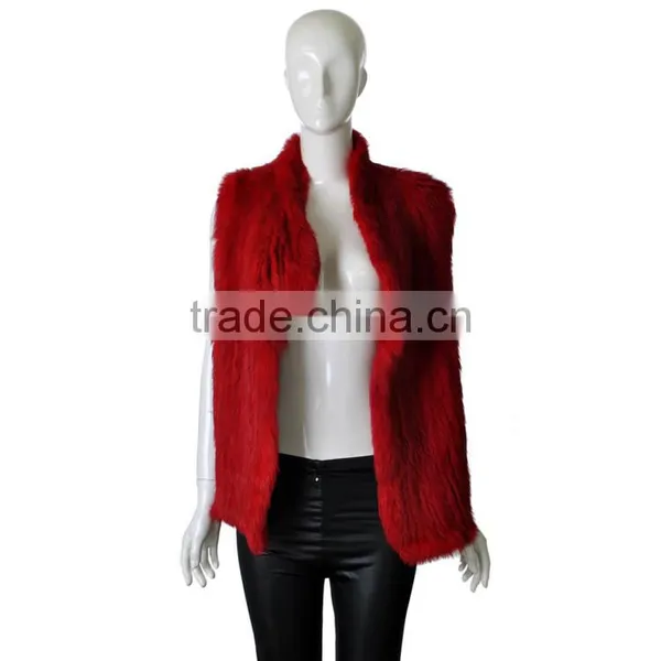 YanRan Fur YR052 Red Hand Knit Rabbit Fur Gliet/OEM Factory Top Quality Wholesale Fur Vest photo-3