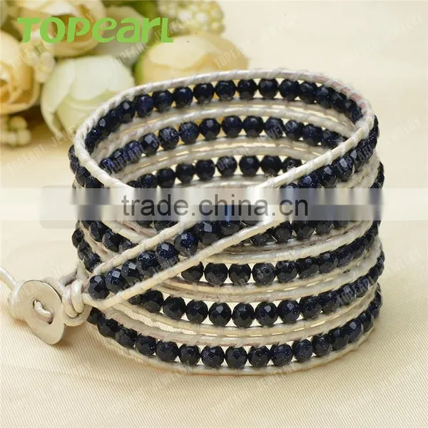 Topearl Jewelry Blue Sandstone Fashion Bracelet Woven Leather Wrap Bangle 33.5 Inches CLL138 photo-3