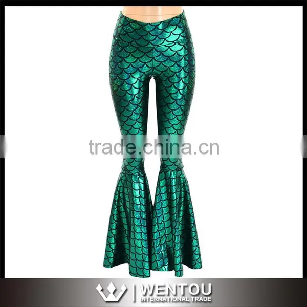 Bell Bottom Green Mermaid Scale Leggings With High Waist photo-4