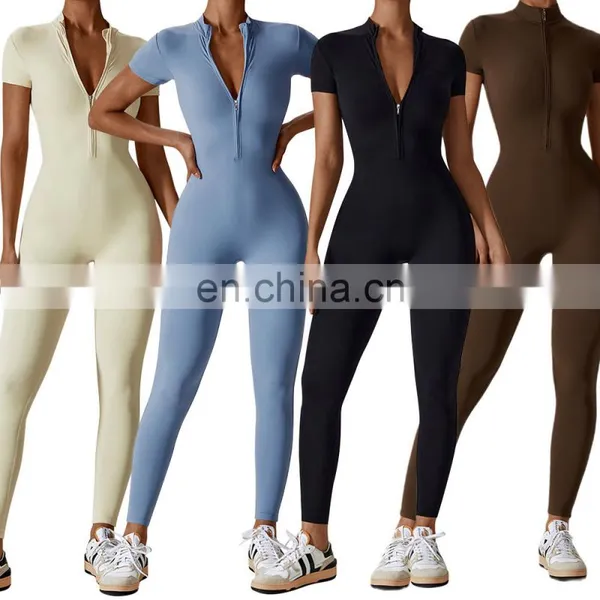Custom Activewear Quick Dry Breathable Zipper Short Sleeve Leggings Jumpsuit Workout Rompers Jumpsuits Playsuits Bodysuits photo-3
