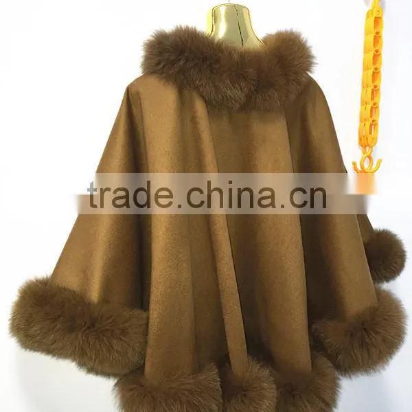 OEM Women Wholesale Hebei Camel Cashmere and Fox Fur Trim Cape photo-3