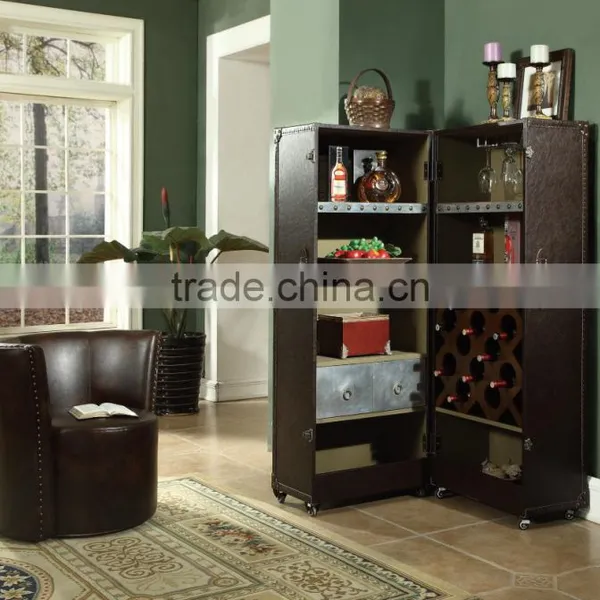 America Antique Wine Cabinet Wood Leather Cabinet With Wheels photo-4