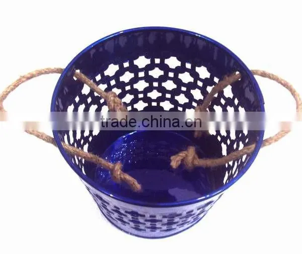 Blue Color Galvanized Metal Planter Pot With Jute Handle for Garden & Home photo-3