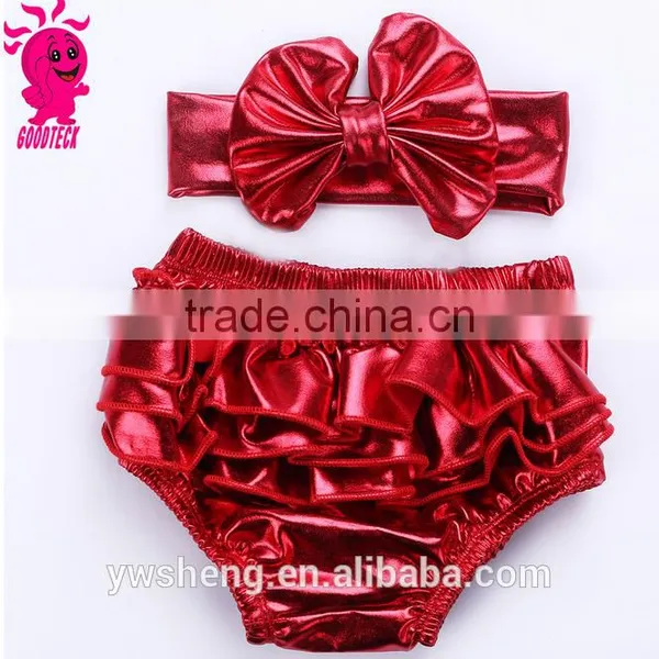 Infant Baby Solid Gold Metallic Bloomer Shorts Ruffle Girls Bloomer With Headband Set photo-5