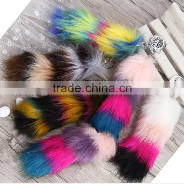 Rainbow Printed Logo Metal Crab Cheap Fake Fur Fox Tail Keychain Manufacture photo-2