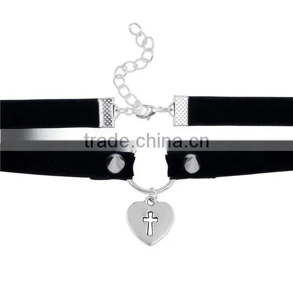 Velveteen Halloween Choker Necklace Antique Silver Black Heart Cross 34cm Long photo-2