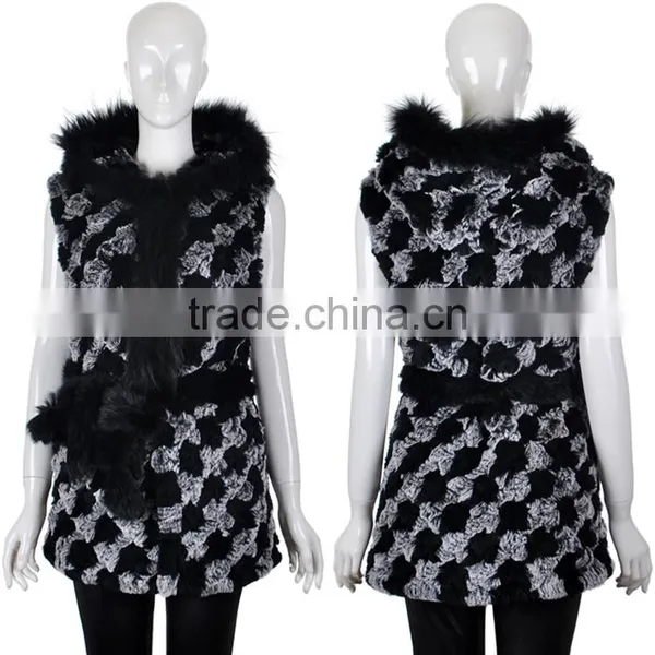 YR262 Real Rabbit Raccoon Fur Hooded Knit Fur Waistcoat photo-2