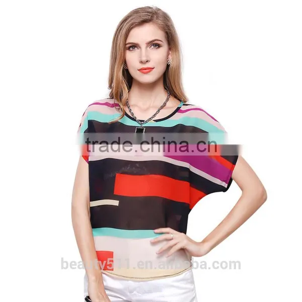 Chromatic Stripe Batwing Coat Rainbow T-shirt Irregular Rainbow Striped Chiffon SD93 photo-4