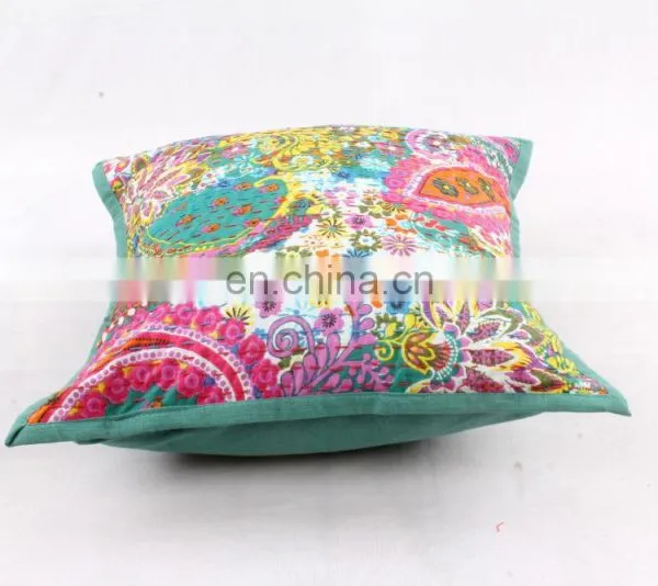 Green Floral Indoor & Outdoor-Indian Kantha Cushion Covers Indian Hand-stitched Kantha Pillow Kantha Pillow Covers Art photo-3