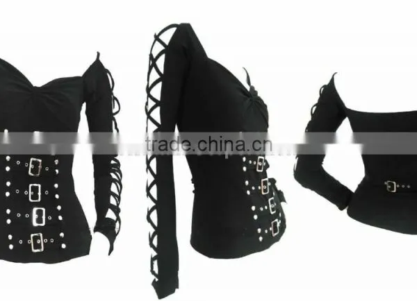GOTHIC BLACK COTTON CORSET TOP WITH LONG SLEEVES