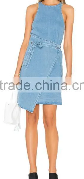New Design Light Bule Denim Fabric Strap Women Dresses photo-6