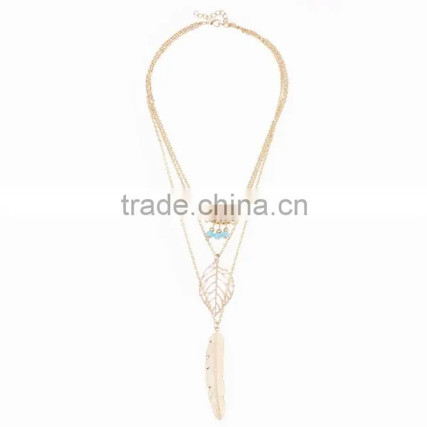 Latest Fancy Design Necklaces Jewelries Bohemia Style Three Tiny Turquoise Hollow Leaf Long Feather Multi Layer Necklaces photo-4