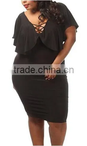 Women's Batwing Sleeve V Neck Solid Bodycon Plus Size Dress photo-6