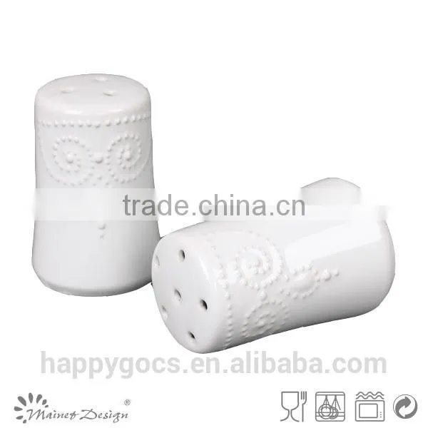 Ceramic Salt and Pepper Jars Embossed Round White photo-2
