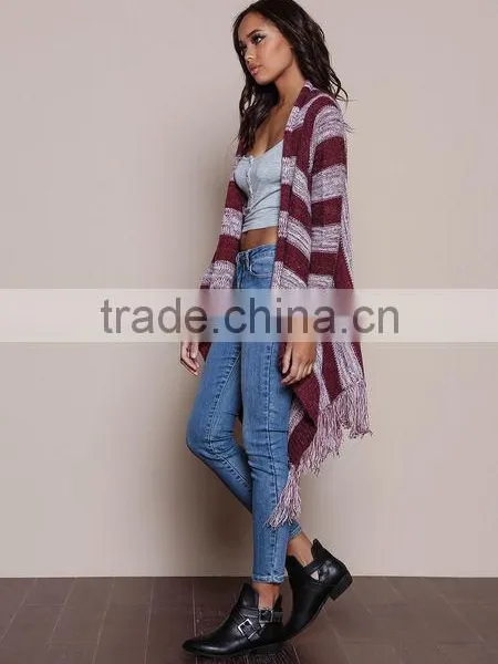 MGOO OEM Custom Burgundy Fringe Cardigan Mohair Striped Outwear Koreas Style Tassels Asymmetric Sweaters photo-4