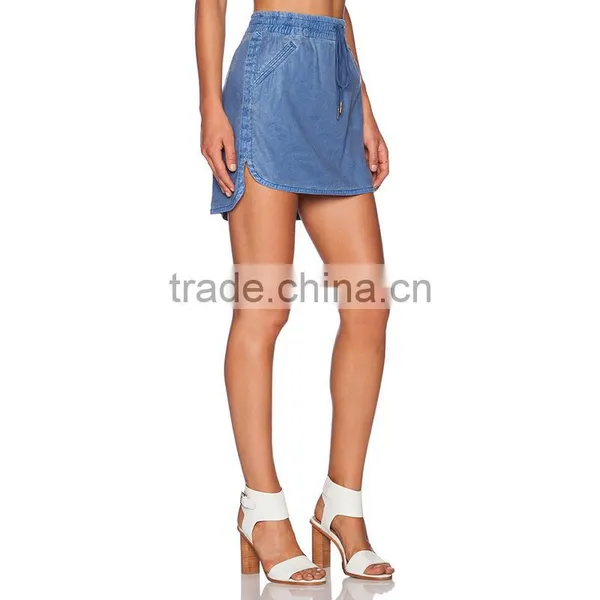 MGOO New Arrival Custom Made Denim Casual Mini Skirts For Women Blue Straight Tie Up Skirts 15144B543 photo-3