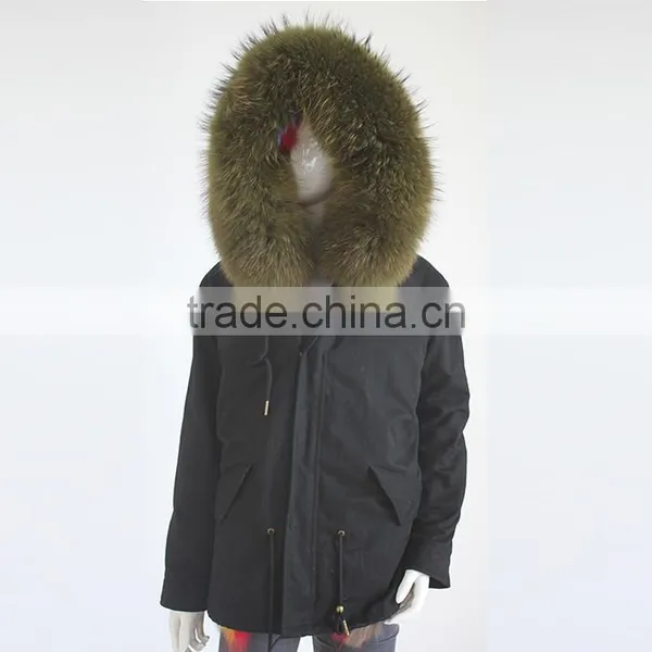 Myfur Customized Khaki Green Raccoon Fur Hood Navy Color Parka Jacket photo-3