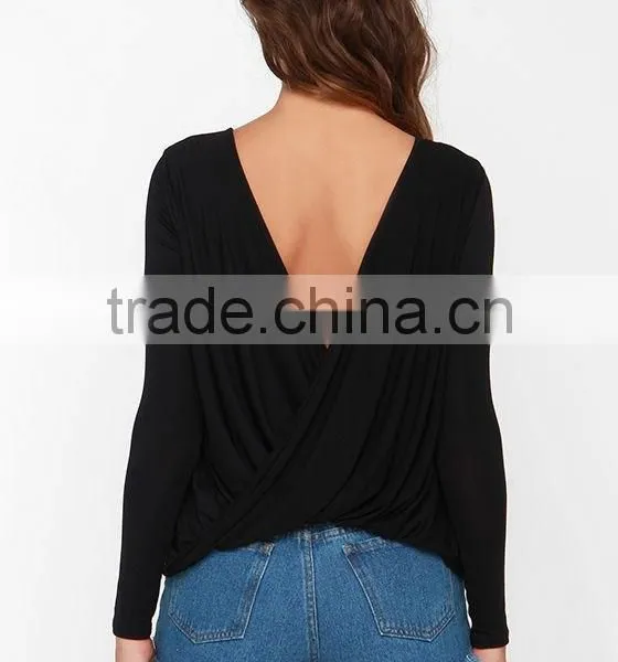 2015 Fashion Lady Long Sleeve Twist Back High Neck Backless Blouse photo-5