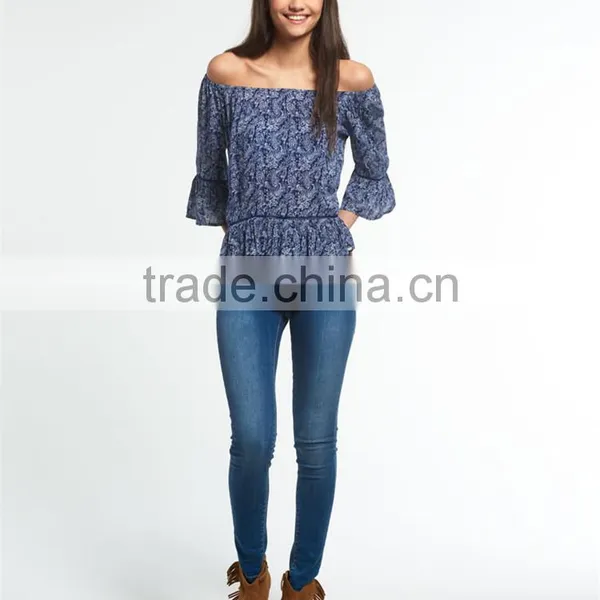 2017 Guangzhou Shandao Latest Fashion Summer Design 3/4 Flare Sleeve Round Neck Printed Loose Ladies Chiffon Tops photo-2