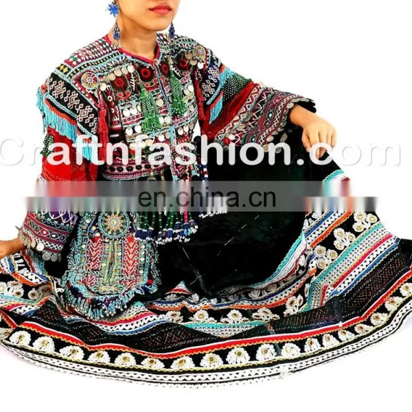 Vintage Handmade Balochi Dress With Tassels- Balochi Tribal Ethnic Coins Dress Handmade Kuchi Dress Ghagra Choli photo-4