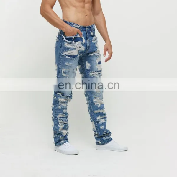 DiZNEW OEM Denim Baggy Pants Distressed Streetwear Ripped Embroidered Mens Jeans photo-4