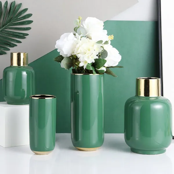 Natural Fresh Green And Gold Electroplate Beatiful Shape Ceramic Flower Vase For Display Case photo-4