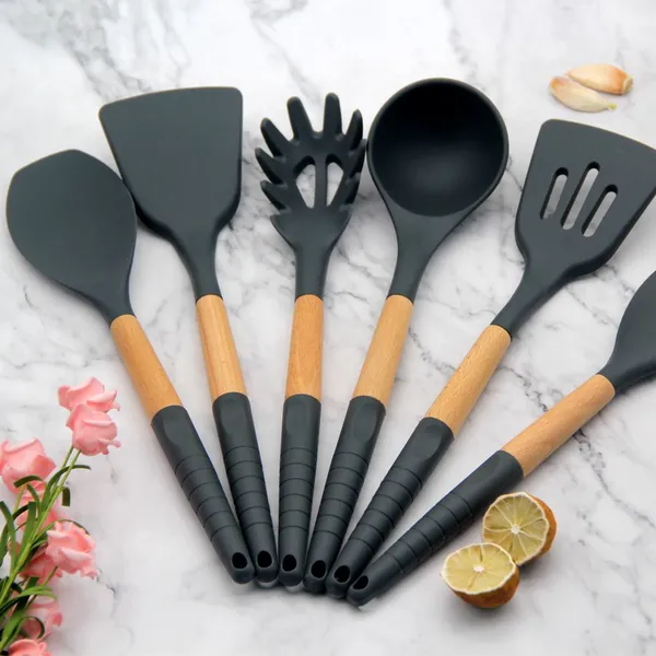 Home and Kitchen Gadgets Kitchen Utensils KITCHEN UTENSILS 9PCS SILICONE UTENSIL SETS WITH WOODEN HOLDER photo-3